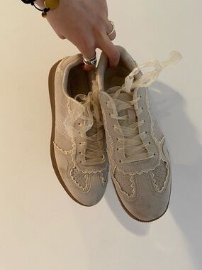 Womens Beige Lace-Up Suede Sneakers